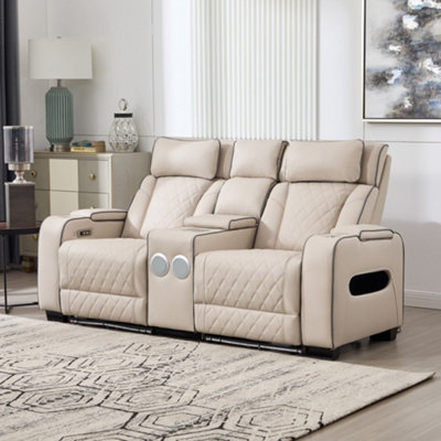 More4Homes Capri Electric Recliner 2 Seater Sofa (Beige)Bluetooth SpeakersWireless ChargingAir LeatherLed LightingCupholders from B&Q