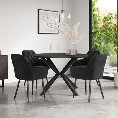 B&Q -  Calne Concrete Ceramic Round Dining Table & 4 Anika Velvet Black Chairs