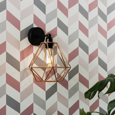 B&Q -  Cambourne Industrial Satin Black Pipework Single Wall Light With Copper Metal Cage Light Shade