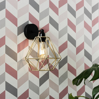 B&Q -  Cambourne Industrial Satin Black Pipework Single Wall Light With Gold Metal Cage Light Shade