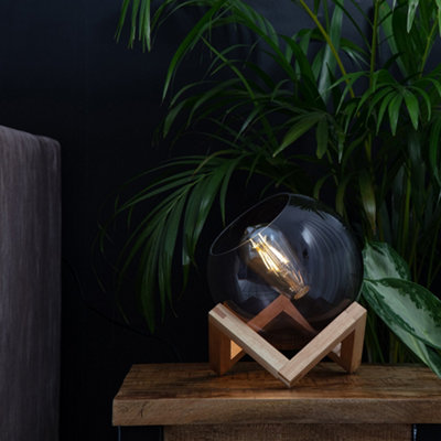 Valuelights Smoked Effect Glass Globe Bedside Table Lamp On A Wooden Frame Base - Includes 4W Led Filament Bulb In Warm White