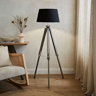 Valuelights Clipper Modern Distressed Wood And Silver Chrome Tripod Floor Lamp With Black Light Shade from B&Q