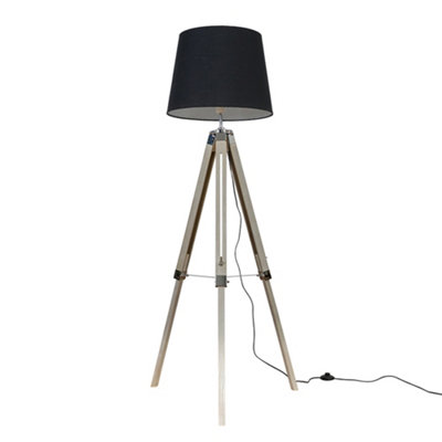 Valuelights Clipper Distressed Wood And Silver Chrome Tripod Floor Lamp With Black Tapered Light Shade With 6W Led Gls Bulb from B&Q