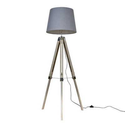 Valuelights Clipper Distressed Wood And Silver Chrome Tripod Floor Lamp With Grey Tapered Light Shade With 6W Led Gls Bulb from B&Q