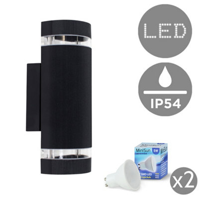 Valuelights Ryston Aluminium Outdoor Ip54 Rated Black Ribbed Contrasting Glass Shade Wall Light Fitting With 5W Gu10 Led Bulbs from B&Q