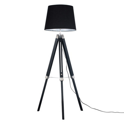 Valuelights Clipper Black Wood And Silver Chrome Tripod Floor Lamp With Black Tapered Light Shade With 6W Led Gls Bulb from B&Q