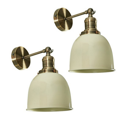 B&Q -  Wilhelm Pair Of Retro Antique Brass Knuckle Joint Wall Lights With Gloss Cream Shades