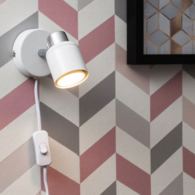 Valuelights Benton Pair Of White & Chrome Plug In Wall Spotlights And Bulbs