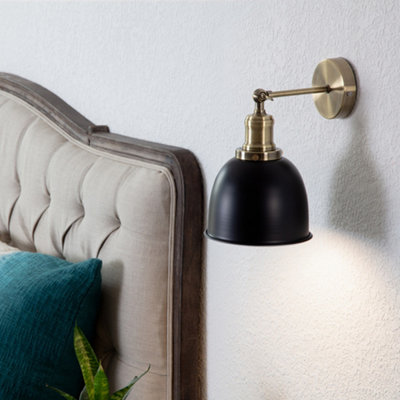B&Q -  Wilhelm Pair Of Wilhelm Antique Brass Adjustable Knuckle Joint Wall Lights With Black Dome Shades