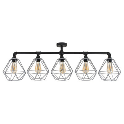 B&Q -  Luiggi Industrial Style 5 Way Satin Black Pipework Bar Ceiling Light With Grey Basket Cage Shades