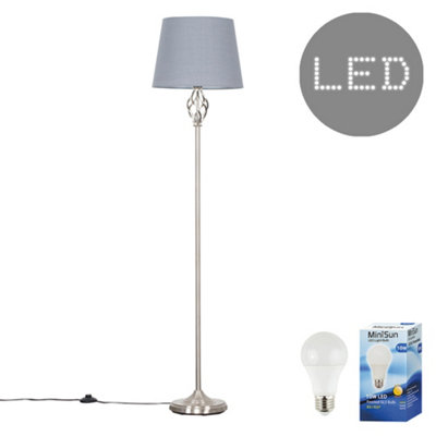 Valuelights Memphis Traditional Style Satin Nickel Barley Twist Floor Lamp With Grey Tapered Light ShadeWith Led Gls Bulb from B&Q