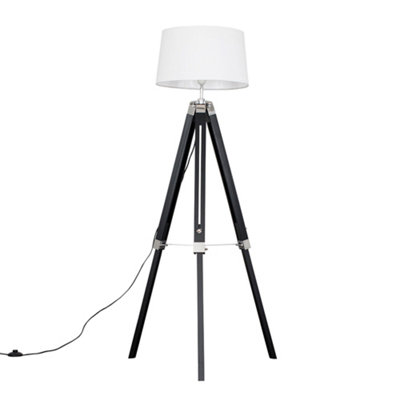Valuelights Clipper Black Wood And Silver Chrome Tripod Floor Lamp With White Tapered ShadeComplete With 6W Led Gls Bulb from B&Q