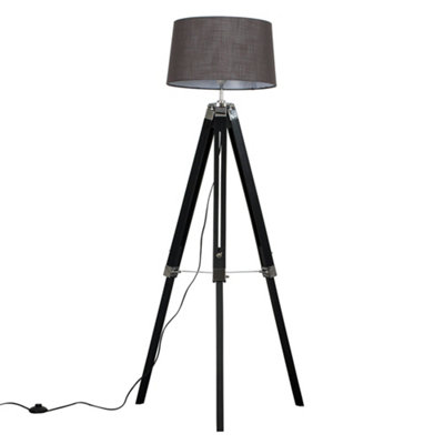 Valuelights Clipper Black Wood And Silver Chrome Tripod Floor Lamp With Grey Tapered ShadeIncludes 6W Led Gls Bulb 3000K from B&Q