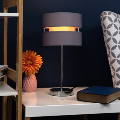 B&Q -  Pair Of Modern Silver Chrome Bedside Table Lamps With Grey Shades