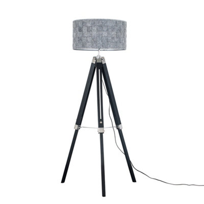 Valuelights Clipper Wood And Chrome Tripod Floor Lamp With Felt Weave Light Shade Black/Silver/Grey