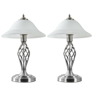 Valuelights Memphis 2 X Satin Nickel Barley Twist Table Lamps With Frosted Alabaster Shade With 6W Led Gls Bulbs In Warm White from B&Q