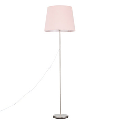 Valuelights Charles Brushed Chrome Floor Lamp With Pink Tapered Shade And Bulb from B&Q