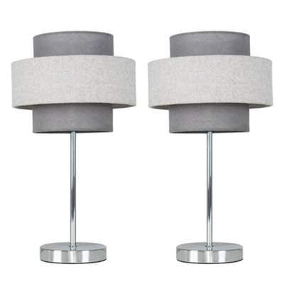 Valuelights Weaver Pair Of Polished Chrome Touch Bedside Table Lamps With Herringbone Shades Grey