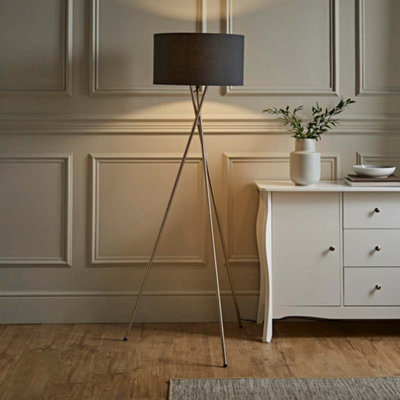 Values Camden Brushed Chrome Tripod Floor Lamp With Charcoal Drum Shade And Bulb Light/White/Pink