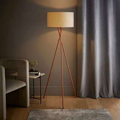 Valuelights Light/Black/White Values Camden Copper Tripod Floor Lamp With Natural Drum Shade And Bulb