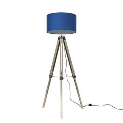 Valuelights Light Clipper Modern Wood And Chrome Tripod Floor Lamp With Navy Drum Shade