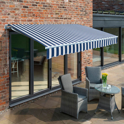 Primrose Awnings 4.0M X 3.0M Retractable Manual Blue & White Awning Outdoor Patio Canopy from B&Q