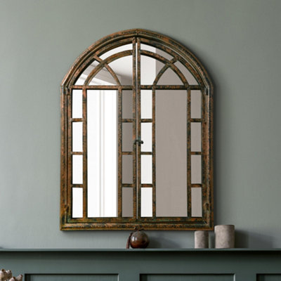 Mirroroutlet The Kirkby Dark Metal Rustic Framed Arched Wall Mirror With Opening Doors 78Cm X 61Cm from B&Q