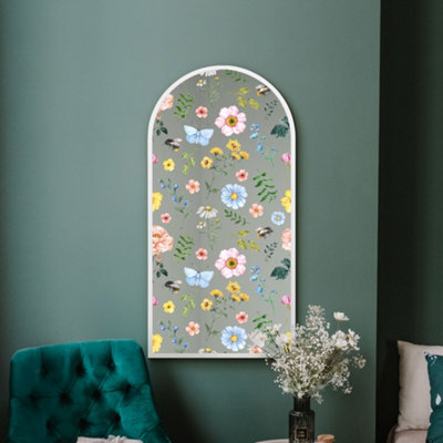 Mirroroutlet The Typis White Metal Edged Arch Wall Mirror With Colour Flower Decals 120Cm X 60Cm from B&Q