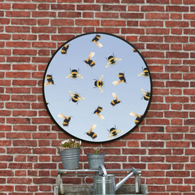 Mirroroutlet The Typis Black Metal Edged Circular Garden Wall Mirror With Bumble Bee Design 80Cm Diameter from B&Q