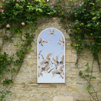 Mirroroutlet The Typis White Metal Edged Arch Garden Wall Mirror With Stork Decals  120Cm X 60Cm from B&Q
