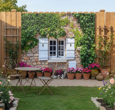 Mural Gardens Rustic Stone Wall Garden Mural Curtain Waterproof Outdoor Tapestry White Shutters Ivy Wall Art Patio Fence Decor W180Cm H180Cm from B&Q