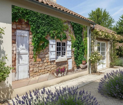 Mural Gardens Rustic Stone Wall Garden Mural Curtain Waterproof Outdoor Tapestry White Shutters Ivy Wall Art Patio Fence Decor W300Cm H180Cm from B&Q