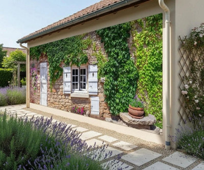 Mural Gardens Rustic Stone Wall Garden Mural Curtain Waterproof Outdoor Tapestry White Shutters Ivy Wall Art Patio Fence Decor W400Cm H180Cm from B&Q