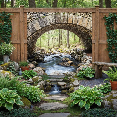 Mural Gardens Bridge Over Stone Cobbles River Scene Garden Mural Tapestry Backdrop Curtain W180Cm X H180Cm from B&Q