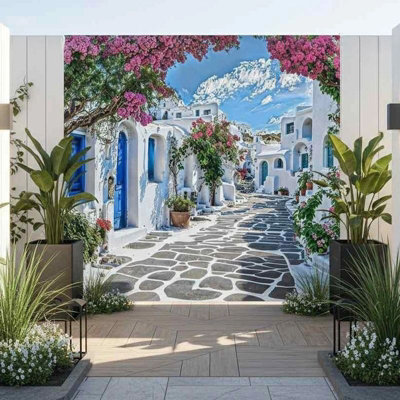 Mural Gardens Santorini Greece Garden Mural Curtain Waterproof Outdoor Tapestry Mediterranean Wall Art Patio Fence Decor Panel W180Cm H180Cm from B&Q