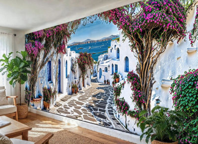 Mural Gardens Santorini Greece Garden Mural Curtain Waterproof Outdoor Tapestry Mediterranean Wall Art Patio Fence Decor Panel W300Cm H180Cm from B&Q