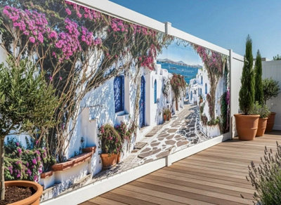 Mural Gardens Santorini Greece Garden Mural Curtain Waterproof Outdoor Tapestry Mediterranean Wall Art Patio Fence Decor Panel W400Cm H180Cm from B&Q