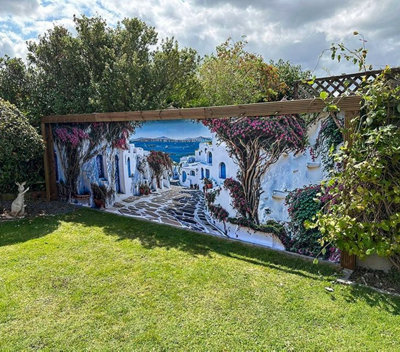 Mural Gardens Santorini Greece Garden Mural Curtain Waterproof Outdoor Tapestry Mediterranean Wall Art Patio Fence Decor Panel W600Cm H180Cm from B&Q