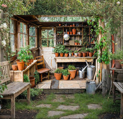 B&Q -  Garden Potting Shed Mural Curtain Waterproof Outdoor Tapestry Rustic Garden Wall Art Patio Fence Decor Panel W240Cm H180Cm