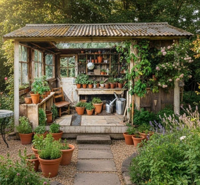 B&Q -  Garden Potting Shed Mural Curtain Waterproof Outdoor Tapestry Rustic Garden Wall Art Patio Fence Decor Panel W300Cm H180Cm