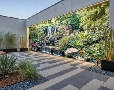 Mural Gardens Waterfall Garden Mural Curtain Waterproof Outdoor Tapestry Pond Feature Backdrop Wall Art Fence Decor Panel W400Cm H180Cm from B&Q