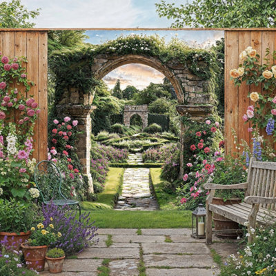 Stone Archway Flowers Garden Mural Curtain Waterproof Outdoor Tapestry Floral Wall Art Patio Fence Decor Panel W180Cm H180Cm from B&Q