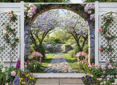 B&Q -  Apple Blossom Garden Mural Curtain Waterproof Outdoor Tapestry Flower Garden Wall Art Patio Fence Decor Panel W180Cm H180Cm