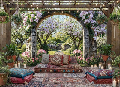 B&Q -  Apple Blossom Garden Mural Curtain Waterproof Outdoor Tapestry Flower Garden Wall Art Patio Fence Decor Panel W300Cm H180Cm