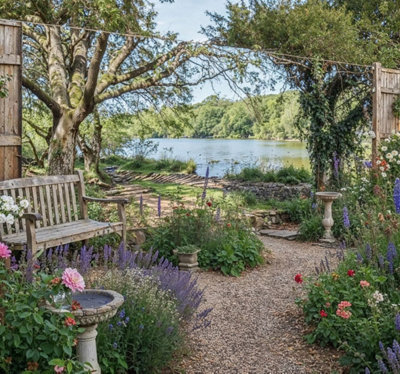B&Q -  Lakeside View Garden Mural Curtain Waterproof Outdoor Tapestry Nature Garden Wall Art Patio Fence Decor Panel W400Cm H180Cm