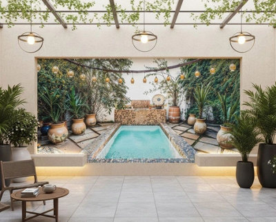 B&Q -  Moroccan Mosaic Pool Garden Mural Curtain Waterproof Outdoor Tapestry Wall Art Patio Fence Decor Panel W400Cm H180Cm