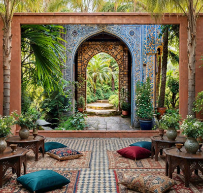 Mural Gardens Moroccan Archway Palm Garden Mural Curtain Waterproof Outdoor Tapestry Exotic Wall Art Gazebo Hot Tub Patio Fence W300Cm H180Cm from B&Q