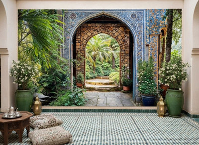 Mural Gardens Moroccan Archway Palm Garden Mural Curtain Waterproof Outdoor Tapestry Exotic Wall Art Gazebo Hot Tub Patio Fence W300Cm H180Cm from B&Q