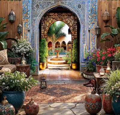 Mural Gardens Mosaic Moroccan Archway With Fountain Garden Mural Tapestry Backdrop Curtain W180Cm X H180Cm from B&Q