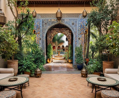 Mural Gardens Mosaic Moroccan Archway Fountain Garden Mural Curtain Waterproof Outdoor  Privacy Screen Patio Fence Wall Art W300Cm H180Cm from B&Q